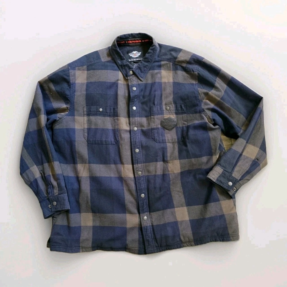 Harley-Davidson Flannel Shacket Men 3XL Blue Plaid Jacket Snap Quilted Lined